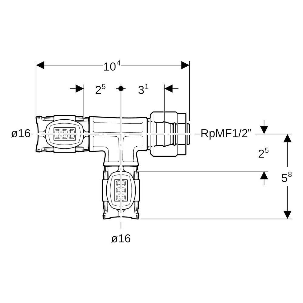 Geberit FlowFit Übergangs-T-Stück mit MasterFix, Abzweig PPSU, D 16mm, D1 16mm, RpMF... GEBERIT-620780001 4025416631002 (Abb. 6)