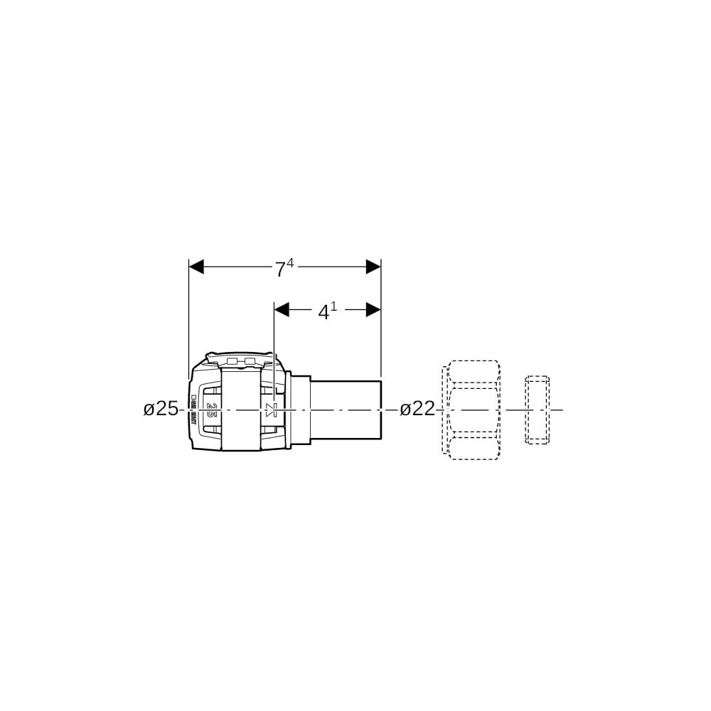Geberit FlowFit Übergang auf Kupferrohr-Klemmringverschraubung, d 25mm, d1 22mm... GEBERIT-620722001 4025416629993 (Abb. 5)