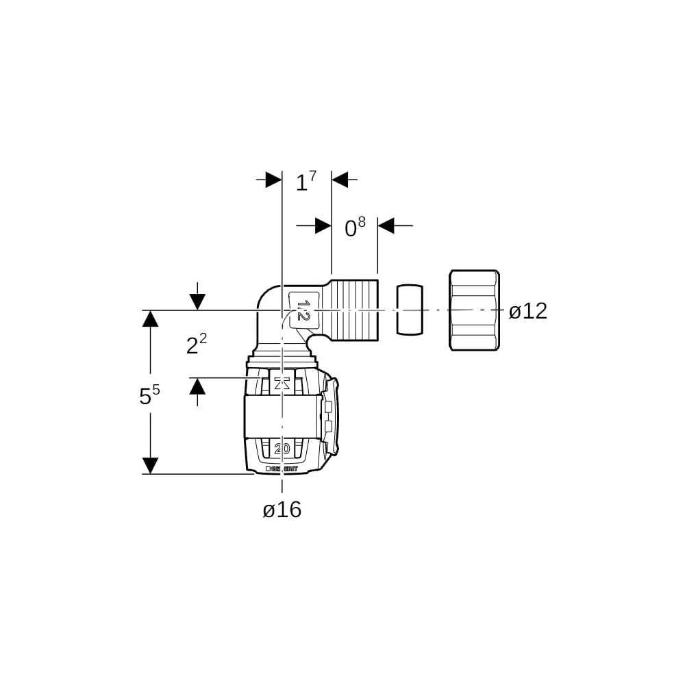 Geberit FlowFit Übergangswinkel 90 Grad mit Klemmringverschraubung Bleifreier, d 16m... GEBERIT-620700001 4025416629894 (Abb. 5)