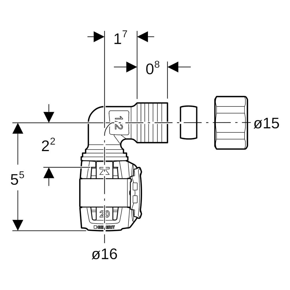 Geberit FlowFit Übergangswinkel 90 Grad mit Klemmringverschraubung Werkstoff, D 16mm... GEBERIT-620710001 4025416629931 (Abb. 6)