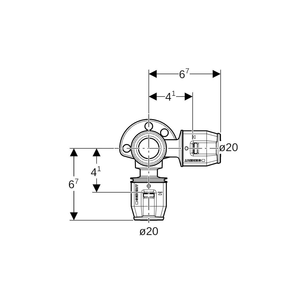 Geberit PushFit Eckanschlusswinkel 90 Grad CW617N, d 20mm, Rp 1/2″, L1 3,6cm... GEBERIT-651295001 4025416957997 (Abb. 7)