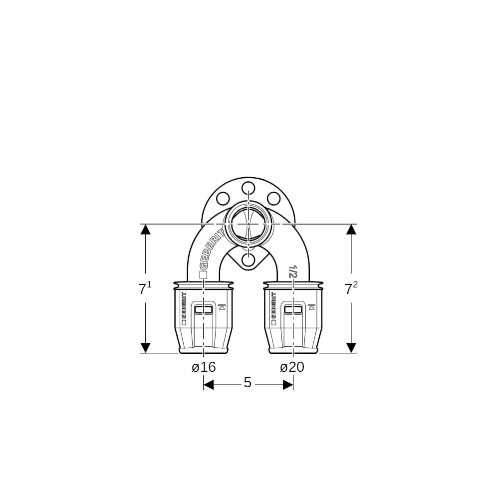 Geberit PushFit Doppelanschlusswinkel 90 Grad, d 16mm, Rp 1/2", d1 20mm, L1 7,1cm, R... GEBERIT-651275001 4025416355007 (Abb. 7)