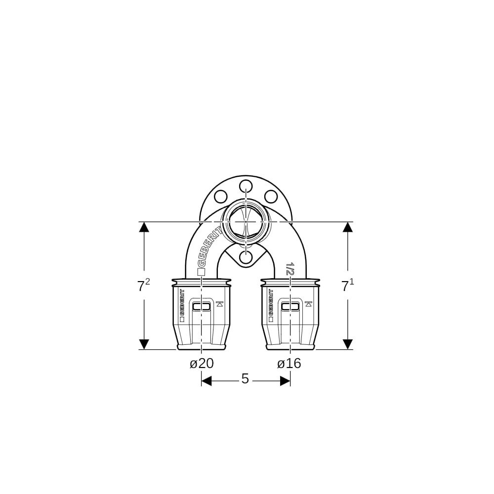 Geberit PushFit Doppelanschlusswinkel 90 Grad, d 20mm, Rp 1/2", d1 16mm, L1 7,2cm, R... GEBERIT-651276001 4025416355014 (Abb. 7)