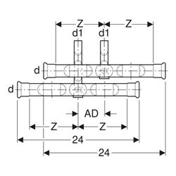 Geberit Mapress Kupfer Set Anschluss-T-Stück für Vor-/Rücklauf Außendurchmesser 22mm... GEBERIT-24007 4024723240075 (Abb. 1)