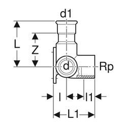 Geberit Mapress Edelstahl Eckanschlusswinkel 90 Grad d 15mm, Rp 1/2″, d1 15mm, L1 4,3cm... GEBERIT-33503 4024723335030 (Abb. 1)