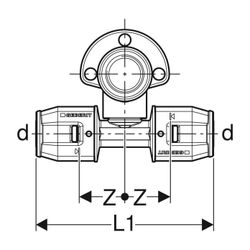 Geberit PushFit T-Anschlusswinkel 90 Grad abgesetzt CW617N, d 20mm, Rp 1/2″, L1 10,7... GEBERIT-651293001 4025416716174 (Abb. 1)