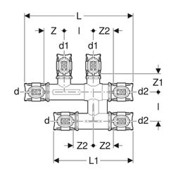 Geberit FlowFit Kreuzungs-T-Stück mit Dämmbox bleifreie Siliziumbronze, d 25mm, d1 2... GEBERIT-619322001 4025416600558 (Abb. 1)