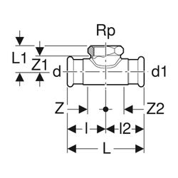 Geberit Mapress Kupfer T-Stück mit Innengewinde Gas CW602N, d 15mm, Rp 1/2″, d1 15mm... GEBERIT-34735 4024723347354 (Abb. 1)