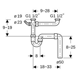 Geberit Siphon Rohrbogengeruchsverschluss für zwei Spülbecken, Winkelschlauchtülle A... GEBERIT-152553111 4025416001010 (Abb. 1)