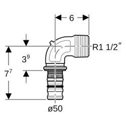 Geberit Mepla Übergangsbogen 90 Grad mit Außengewinde, D 50mm, R 1 1/2", Rotguss ble... GEBERIT-606255005 4025416680321 (Abb. 1)