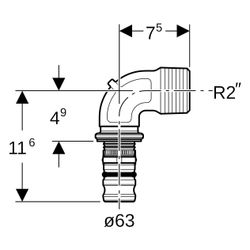 Geberit Mepla Übergangsbogen 90 Grad mit Außengewinde, D 63mm, R 2", Rotguss bleifre... GEBERIT-607255005 4025416799269 (Abb. 1)