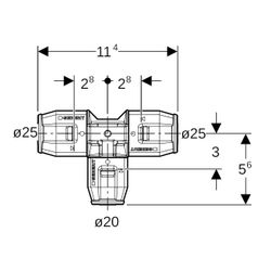 Geberit PushFit T-Stück reduziert, PVDF, d 25mm, d1 20mm, d2 25mm... GEBERIT-652315001 4025416709534 (Abb. 1)