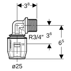 Geberit PushFit Übergangsbogen 90 Grad mit Außengewinde, d 25mm, R 3/4″, Rotguss ble... GEBERIT-652242001 4025416725596 (Abb. 1)