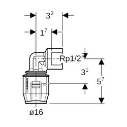 Geberit PushFit Übergangsbogen 90 Grad mit Innengewinde, d 16mm, Rp 1/2″, Rotguss bl... GEBERIT-650251001 4025416711339 (Abb. 1)