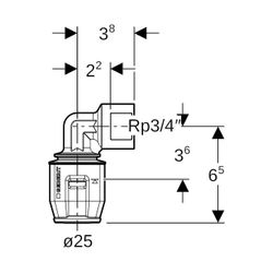 Geberit PushFit Übergangsbogen 90 Grad mit Innengewinde, d 25mm, Rp 3/4″, Rotguss bl... GEBERIT-652252001 4025416711315 (Abb. 1)