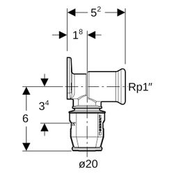 Geberit PushFit Anschlusswinkel 90 Grad CW617N, d 20mm, Rp 1/2″, L1 5,2cm... GEBERIT-651297001 4025416719083 (Abb. 1)