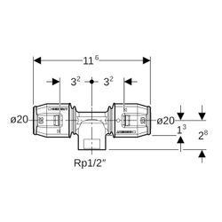 Geberit PushFit T-Stück mit Innengewinde CW617N, d 20mm, Rp 1/2″, d1 20mm... GEBERIT-651361001 4025416109594 (Abb. 1)