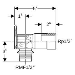 Geberit Anschlusswinkel 90 Grad mit Außengewinde MF 1/2", RMF 1/2", Rp 1/2", L 5,7cm... GEBERIT-602285001 4025416452355 (Abb. 1)