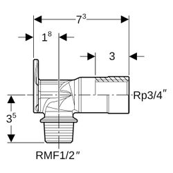 Geberit Anschlusswinkel 90 Grad mit Außengewinde MF 1/2", RMF 1/2", Rp 3/4", L 7,3cm... GEBERIT-602297002 4025416562665 (Abb. 1)