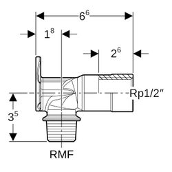 Geberit Anschlusswinkel 90 Grad mit Außengewinde MF 1/2", RMF 1/2″, Rp 1/2″, L 6,6cm... GEBERIT-602299001 4025410900593 (Abb. 1)