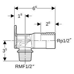 Geberit Anschlusswinkel 90 Grad mit Außengewinde MF 1/2", RMF 1/2", Rp 1/2", L 6,6cm... GEBERIT-602299001 4025410900593 (Abb. 1)