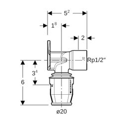 Geberit PushFit Anschlusswinkel 90 Grad, d 20mm, Rp 1/2", L1 5,2cm, Rotguss bleifrei... GEBERIT-651281001 4025416711674 (Abb. 1)