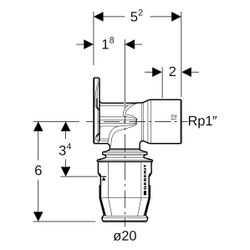 Geberit PushFit Anschlusswinkel 90 Grad, d 20mm, Rp 1/2", L1 5,2cm, Rotguss bleifrei... GEBERIT-651281001 4025416711674 (Abb. 1)