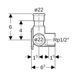 Geberit Mapress Edelstahl Eckanschlusswinkel 90 Grad d 22mm, Rp 1/2″, d1 22mm, L1 6,2cm... GEBERIT-33520 4025410123329 (Abb. 1)