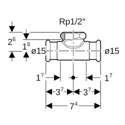 Geberit Mapress Kupfer T-Stück mit Innengewinde Gas CW602N, d 15mm, Rp 1/2″, d1 15mm... GEBERIT-34735 4024723347354 (Abb. 1)