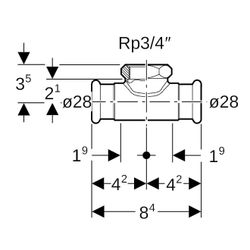 Geberit Mapress Kupfer T-Stück mit Innengewinde Gas CW602N, d 28mm, Rp 3/4″, d1 28mm... GEBERIT-34739 4024723347392 (Abb. 1)