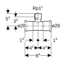 Geberit Mapress Edelstahl T-Stück mit Innengewinde D 28mm, Rp 1", D1 28mm... GEBERIT-31311 4024723313113 (Abb. 1)