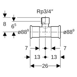 Geberit Mapress Edelstahl T-Stück mit Innengewinde D 88,9mm, Rp 3/4", D1 88,9mm... GEBERIT-31331 4024723313311 (Abb. 1)