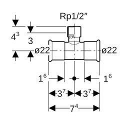 Geberit Mapress Edelstahl T-Stück mit Innengewinde, Gas, d 22mm, Rp 1/2", d1 22mm... GEBERIT-34055 4024723340553 (Abb. 1)