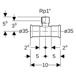 Geberit Mapress C-Stahl T-Stück mit Innengewinde, D 35mm, Rp 1", D1 35mm... GEBERIT-21314 4024723213147 (Abb. 1)