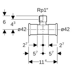 Geberit Mapress C-Stahl T-Stück mit Innengewinde, D 42mm, Rp 1", D1 42mm... GEBERIT-21318 4024723213185 (Abb. 1)
