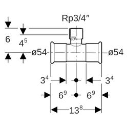 Geberit Mapress C-Stahl T-Stück mit Innengewinde, D 54mm, Rp 3/4", D1 54mm... GEBERIT-21321 4024723213215 (Abb. 1)