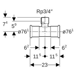 Geberit Mapress C-Stahl T-Stück mit Innengewinde, D 76,1mm, Rp 3/4", D1 76,1mm... GEBERIT-21326 4024723213260 (Abb. 1)