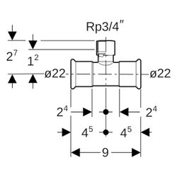 Geberit Mapress Kupfer T-Stück mit Innengewinde, D 22mm, Rp 3/4", D1 22mm, Rotguss bleif... GEBERIT-61395 4024723613954 (Abb. 1)