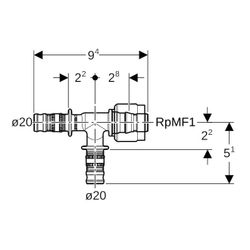 Geberit Mepla Übergangs-T-Stück mit MasterFix, Abzweig PVDF, d 20mm, d1 20mm, RpMF1 ... GEBERIT-622454005 4025416222576 (Abb. 1)
