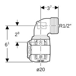 Geberit FlowFit Übergangsbogen 90 Grad mit Außengewinde, lang Bleifreier, d 20mm, R ... GEBERIT-620524001 4025410627384 (Abb. 1)