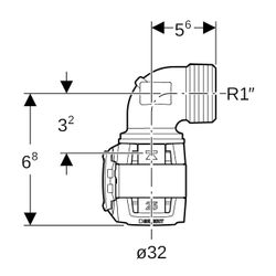 Geberit FlowFit Übergangsbogen 90 Grad mit Außengewinde, lang Bleifreier, d 32mm, R ... GEBERIT-620528001 4025410627506 (Abb. 1)
