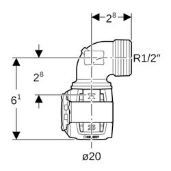 Geberit FlowFit Übergangsbogen 90 Grad mit Außengewinde Bleifreier, d 20mm, R 1/2″, ... GEBERIT-620511001 4025416640141 (Abb. 1)