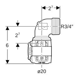 Geberit FlowFit Übergangsbogen 90 Grad mit Außengewinde Bleifreier, d 20mm, R 3/4″, ... GEBERIT-620521001 4025416640233 (Abb. 1)