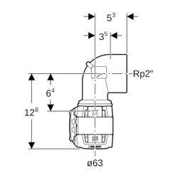 Geberit FlowFit Übergangsbogen 90 Grad mit Innengewinde Bleifreier, d 63mm, Rp 2″, R... GEBERIT-620536001 4025416641247 (Abb. 1)