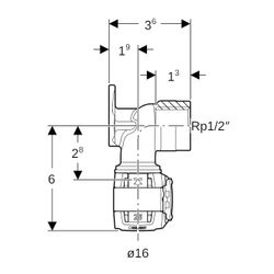 Geberit FlowFit Anschlusswinkel 90 Grad Bleifreier, d 16mm, Rp 1/2″, Länge 3,6cm, Ro... GEBERIT-620760001 4025416630616 (Abb. 1)