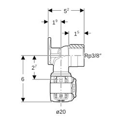 Geberit FlowFit Anschlusswinkel 90 Grad Bleifreier, d 20mm, Rp 3/8″, Länge 5,2cm, Ro... GEBERIT-620801001 4025416631187 (Abb. 1)