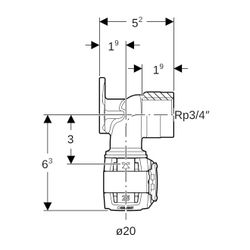 Geberit FlowFit Anschlusswinkel 90 Grad Bleifreier, d 20mm, Rp 3/4″, Länge 5,2cm, Ro... GEBERIT-620821001 4025416631231 (Abb. 1)
