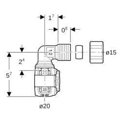 Geberit FlowFit Übergangswinkel 90 Grad mit Klemmringverschraubung Bleifreier, d 20m... GEBERIT-620701001 4025416629917 (Abb. 1)