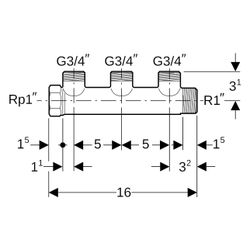 Geberit Verteiler mit Gewindeanschluss und Abgang für Eurokonus, R 1", G 3/4", 3 Abg... GEBERIT-613423002 4064746069253 (Abb. 1)