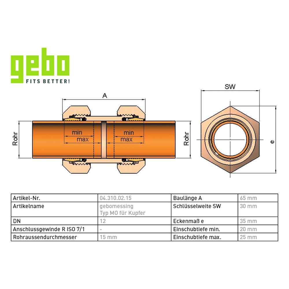 Gebo Messing Klemmverbinder Serie 310 Typ MO, Messing, 15mm, für Kupferrohr... GEBO-04.310.02.15 4019576005711 (Abb. 3)